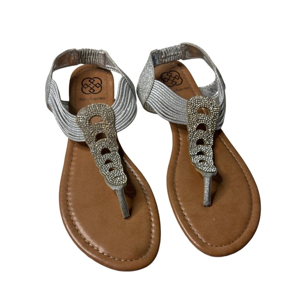 Daisy Fuentes Womens Silver Rhinestone Ankle Strap Thong Sandals 10M Sparkly
